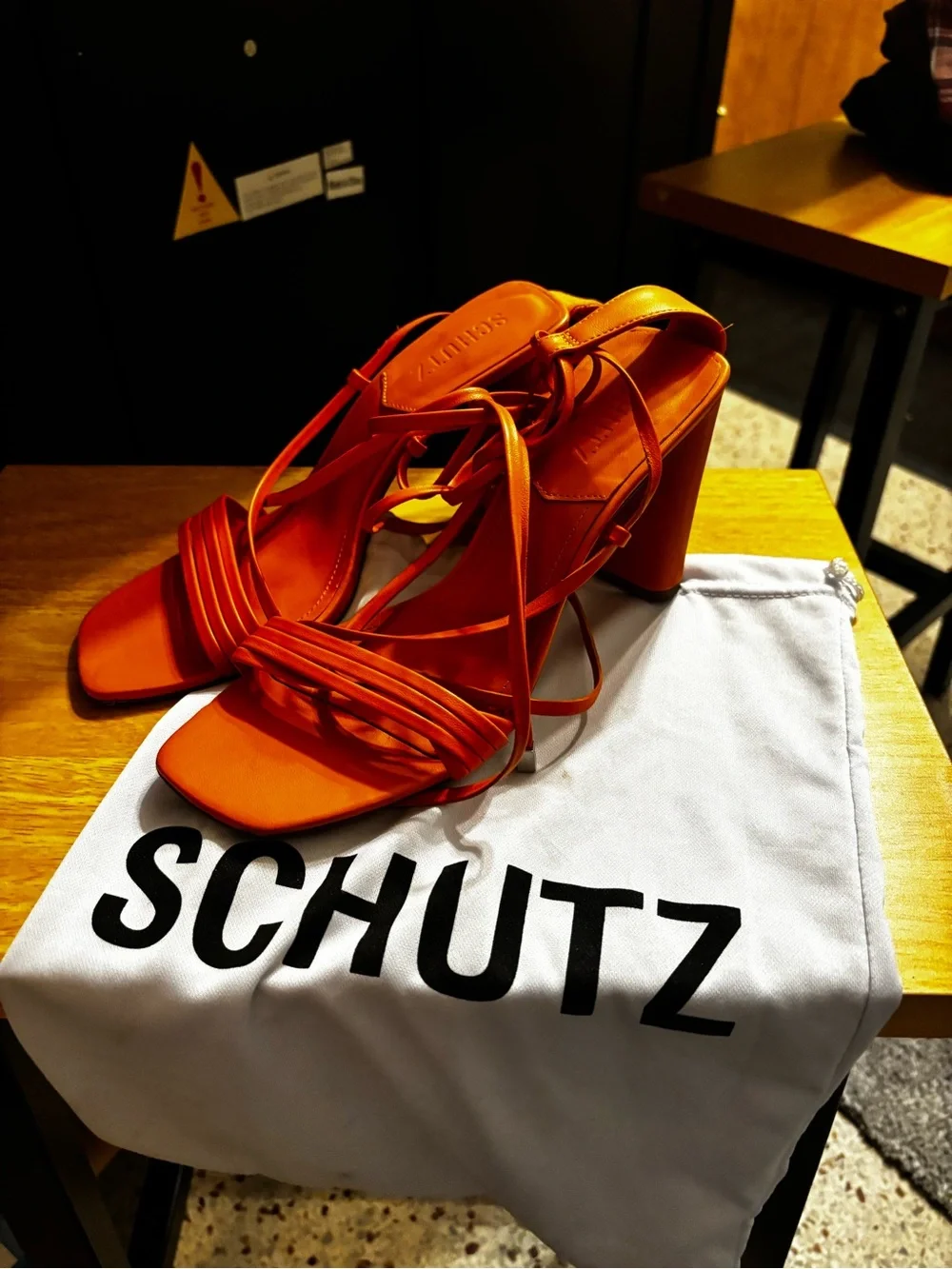 Schutz Glenna Ankle Tie Sandals in a vibrant bright tangerine 7.5